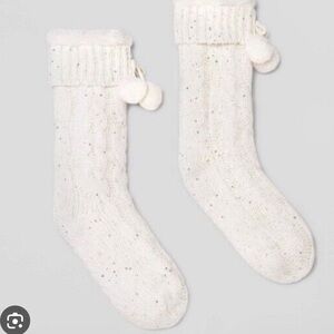 NWT Sequin Cable Faux Shearling Slipper Socks with Faux Fur Poms Ivory W…